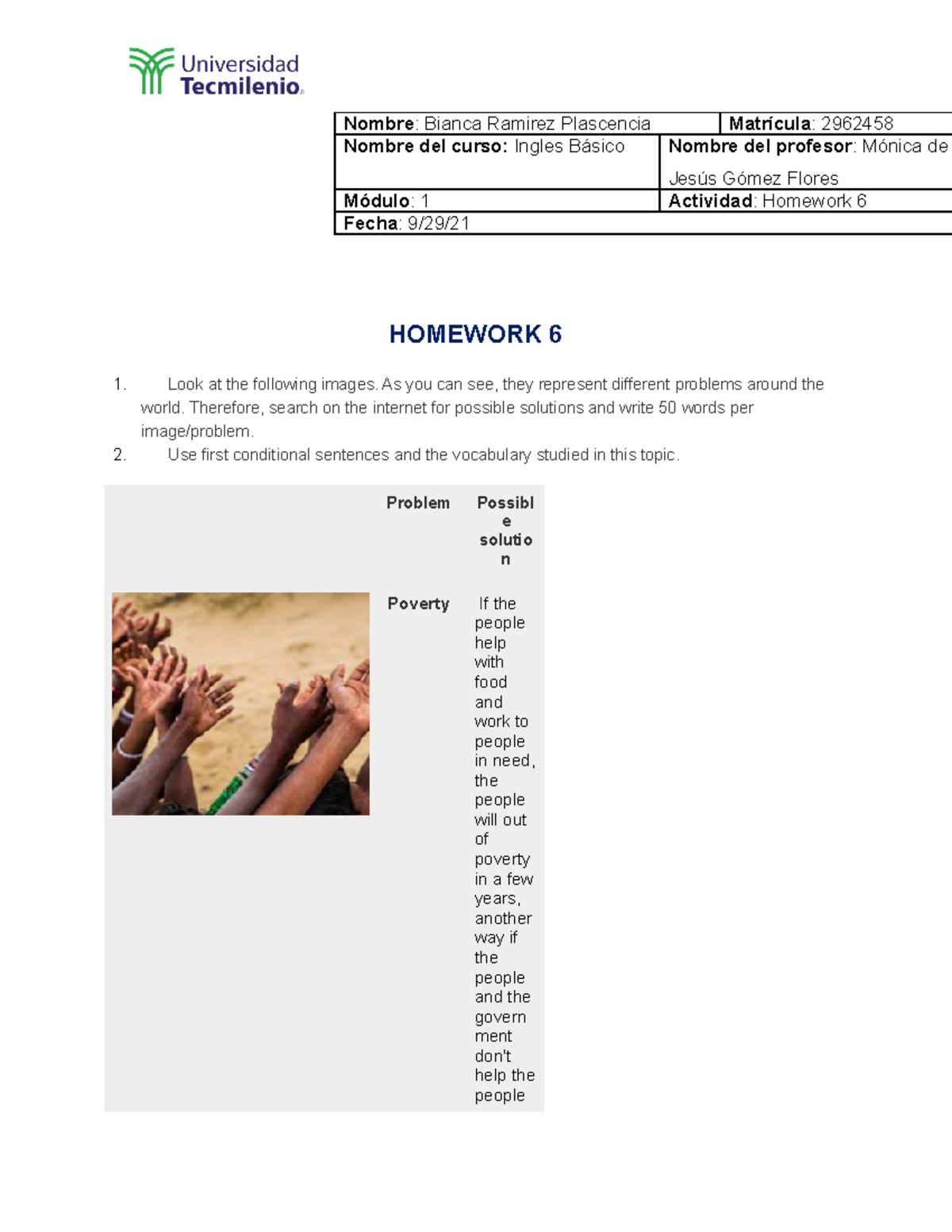 Homework 6 Ingles basico modulo 1 Tecmilenio - Nombre : Bianca Ramirez ...