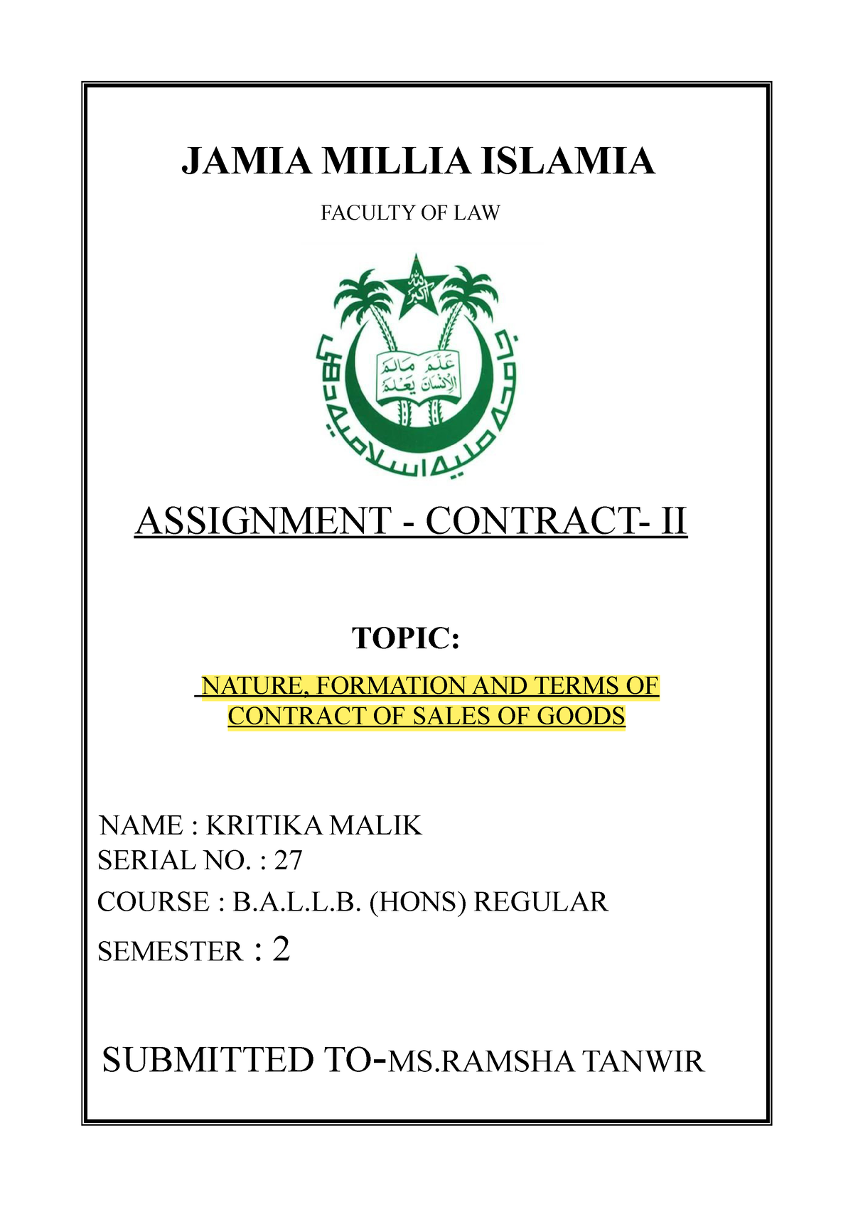 islamia college assignment cover page