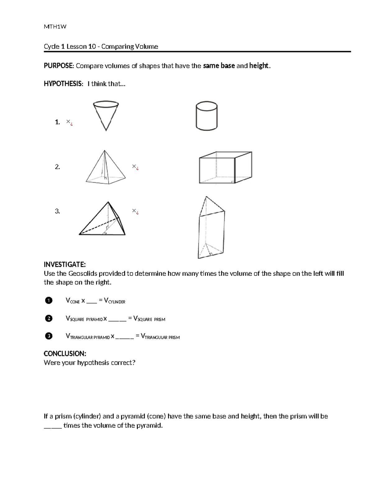 1.10 Volume Investigation ( Handout) - MTH1W Cycle 1 Lesson 10 ...