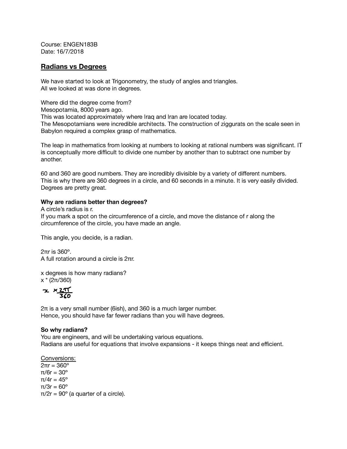 Engen1 B 16 07 18 Lecture Notes 22 Course Engen1b Date 16 7 Radians Vs Degrees We Have Studocu