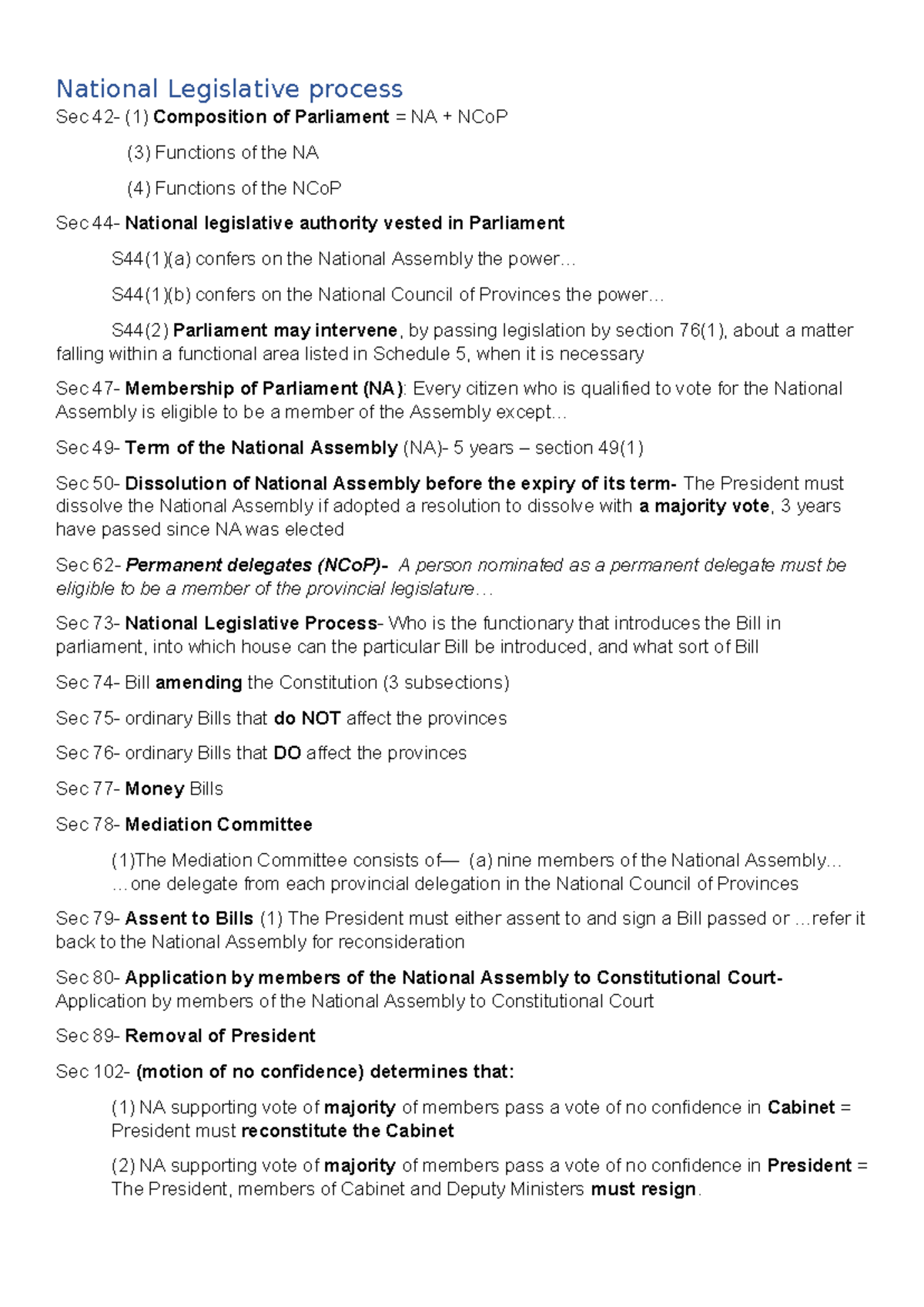 Constitutional Provisions for exam - National Legislative process Sec ...