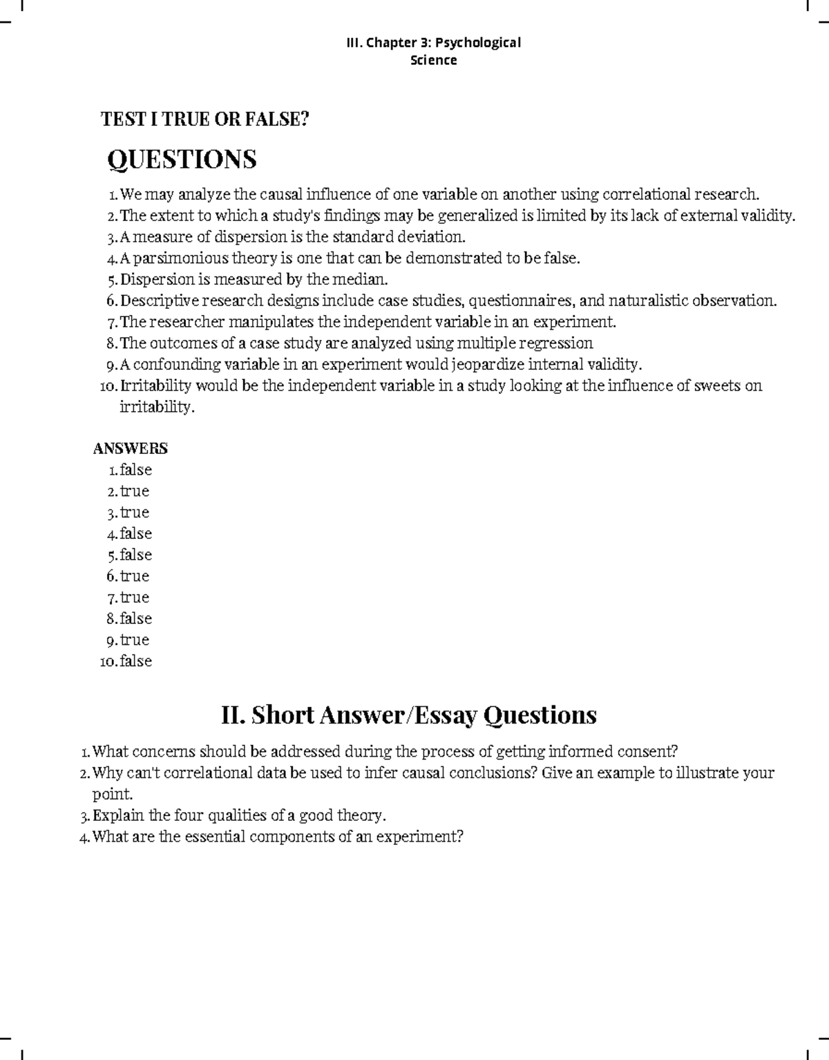 III. Chapter 3 Psychological Science - TEST I TRUE OR FALSE? We may ...