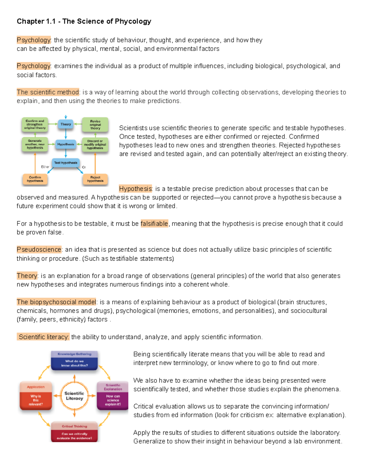 Phycology Notes - Chapter 1 - The Science of Phycology Psychology: the ...