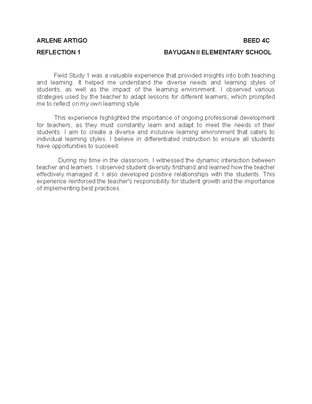 FS 1 ANSWER ASDF - REFLECTION 1 BAYUGAN II ELEMENTARY SCHOOL Field ...
