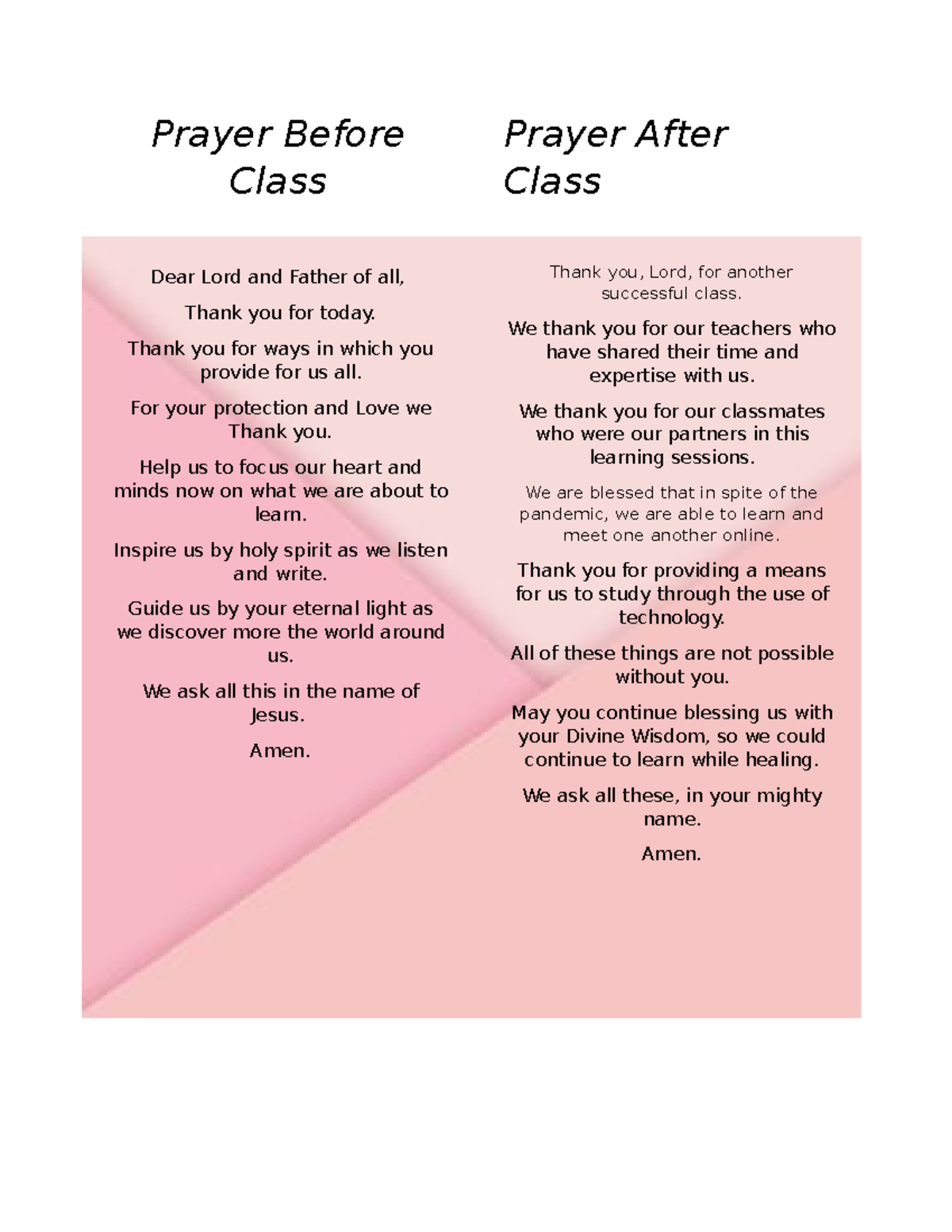 Assessment - ANYTHING HERE - Prayer Before Class Dear Lord and Father ...