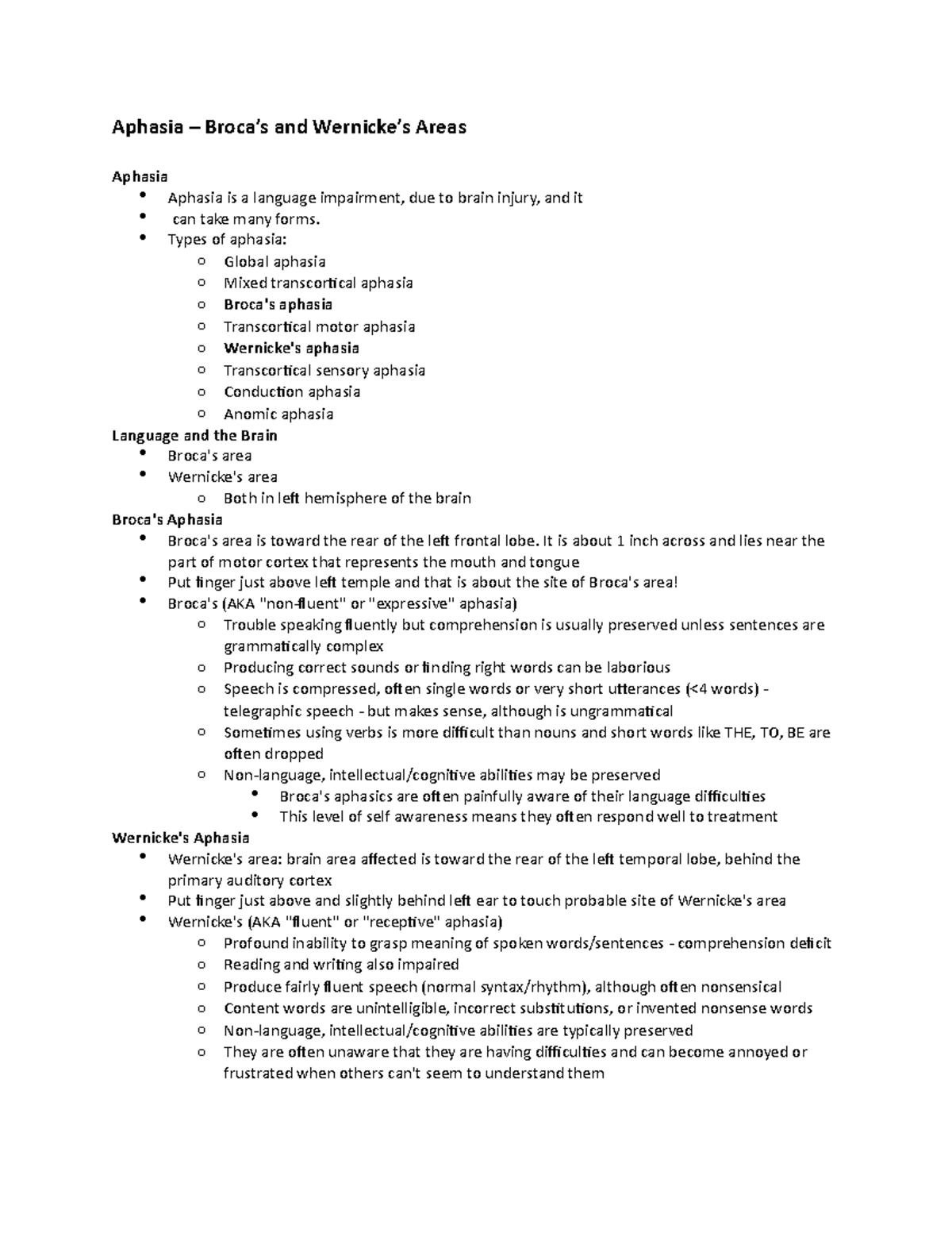 Aphasia Types of aphasia o Global aphasia o Mixed transcortical aphasia o Broca's aphasia o