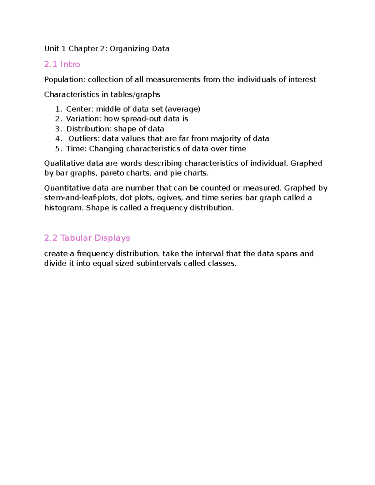 Unit 1 Chapter 2 - Unit 1 Chapter 2: Organizing Data 2 Intro Population ...