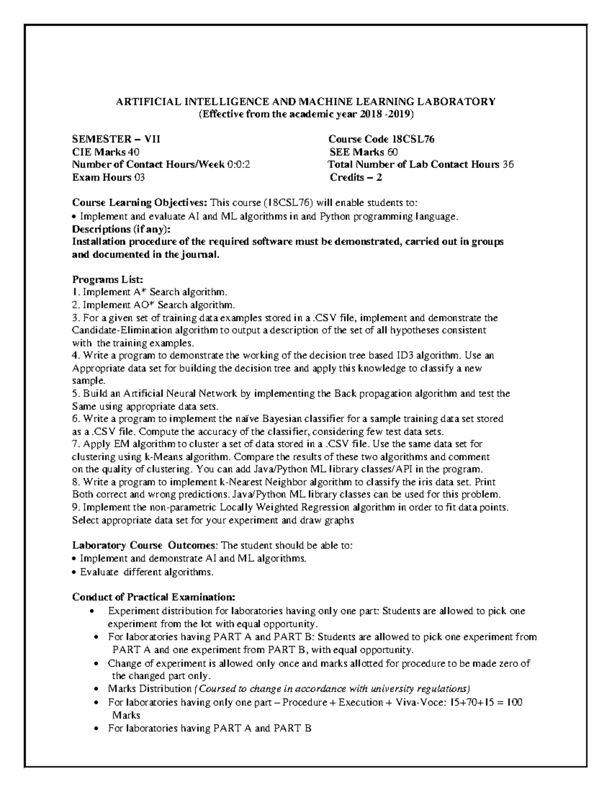 LAB Manual AI ARTIFICIAL INTELLIGENCE AND MACHINE LEARNING LABORATORY
