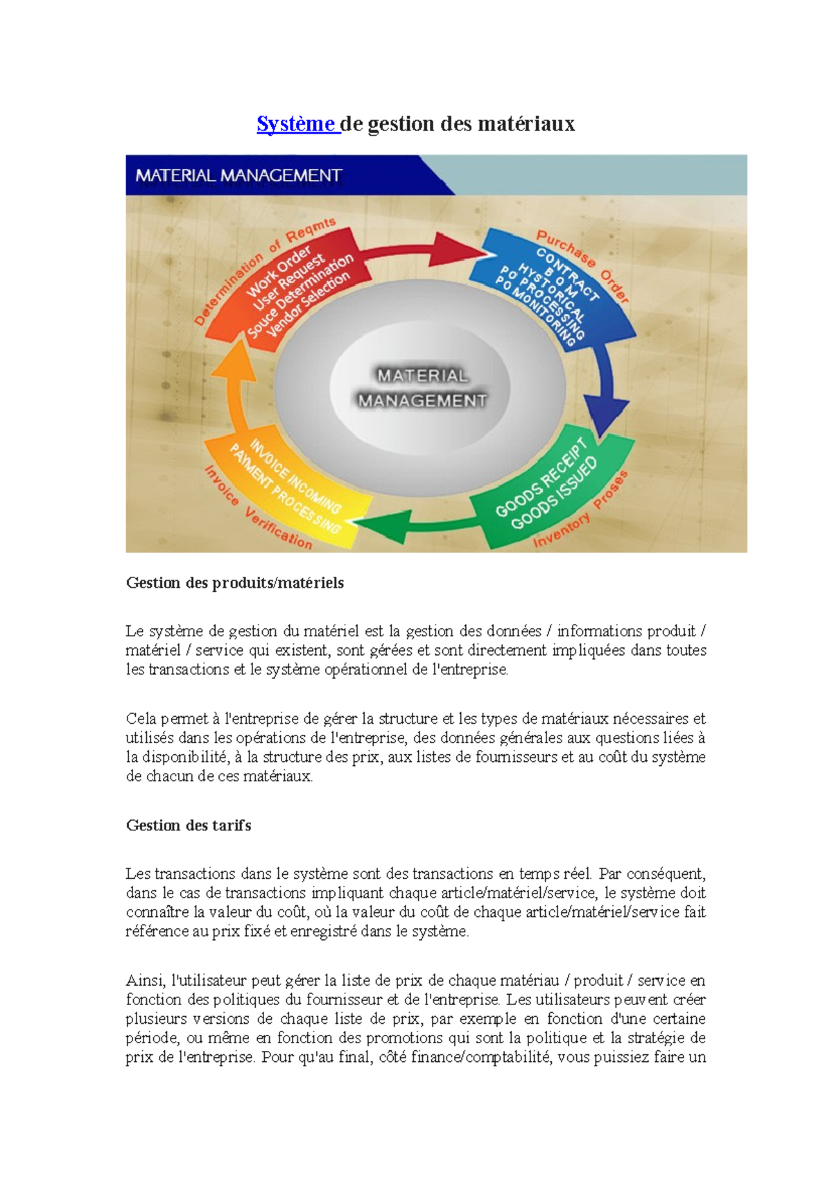 Material Management System (1) Système de gestion des matériaux
