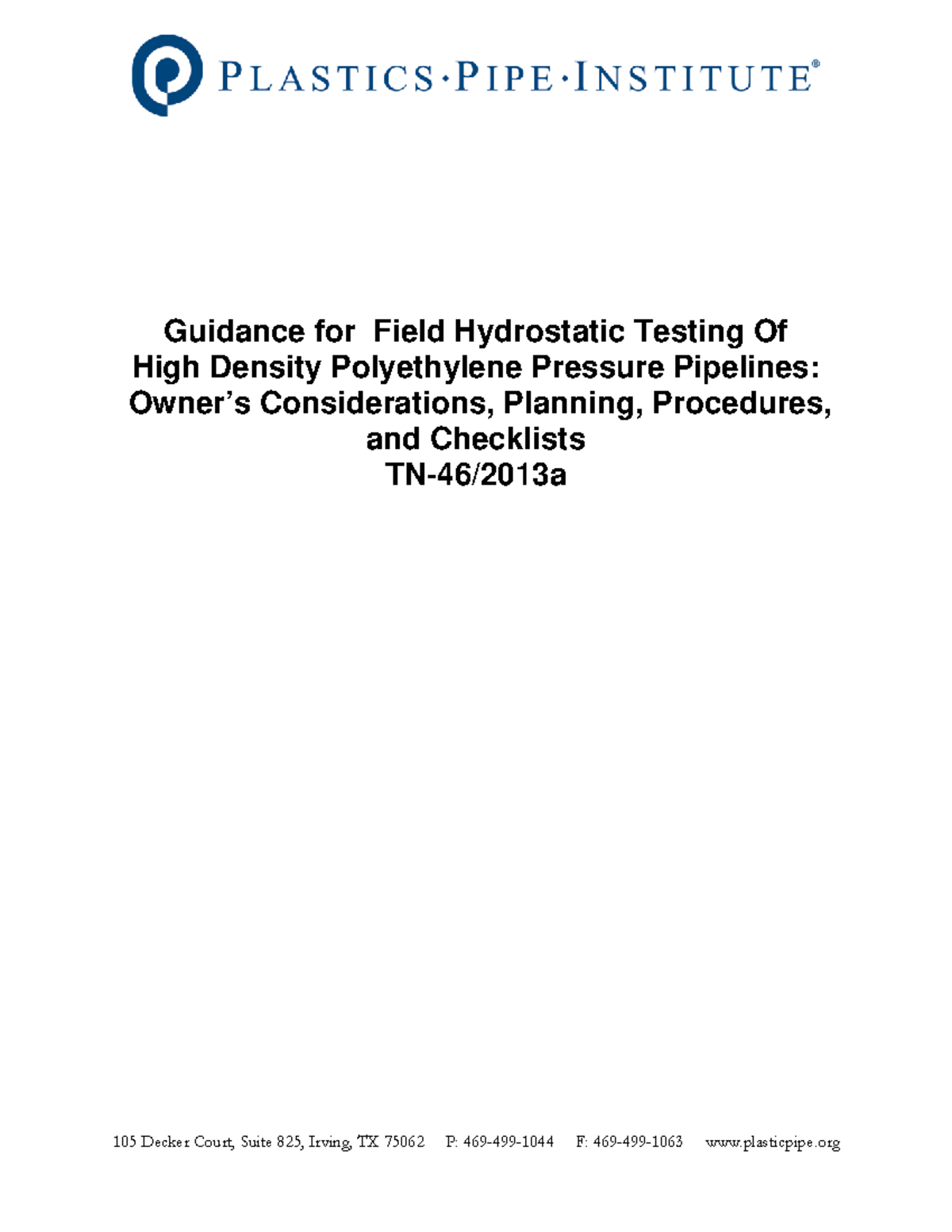 PPI Hydrostatic Pressure Testing Manual for HDPE Pipe Guidance for