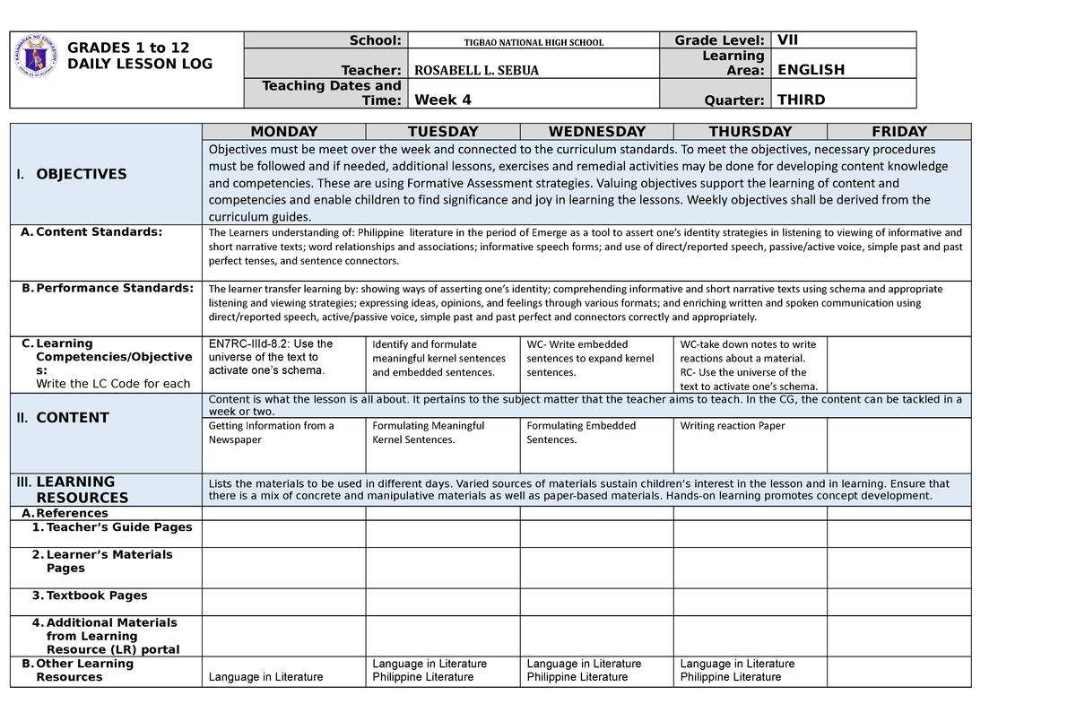 DLL 3rd Qrtr week 4 - Daily Lesson Logs for Grade 7 - GRADES 1 to 12 ...