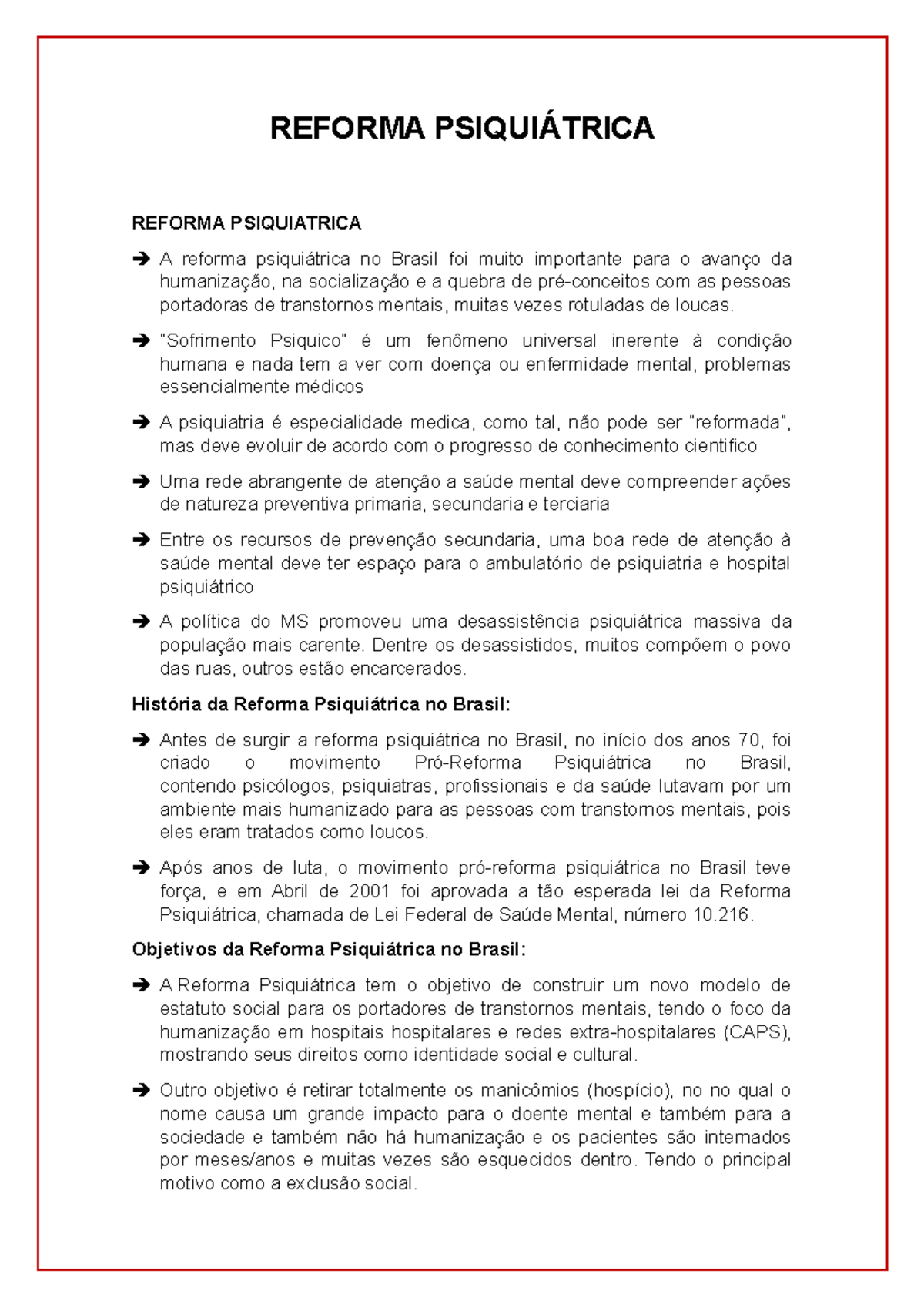 Reforma Psiquiátrica Compilado de anotações de aulas e livros REFORMA PSIQUIÁTRICA REFORMA Reforma Psiquiátrica Compilado de anotações de aulas e livros REFORMA PSIQUIÁTRICA REFORMA