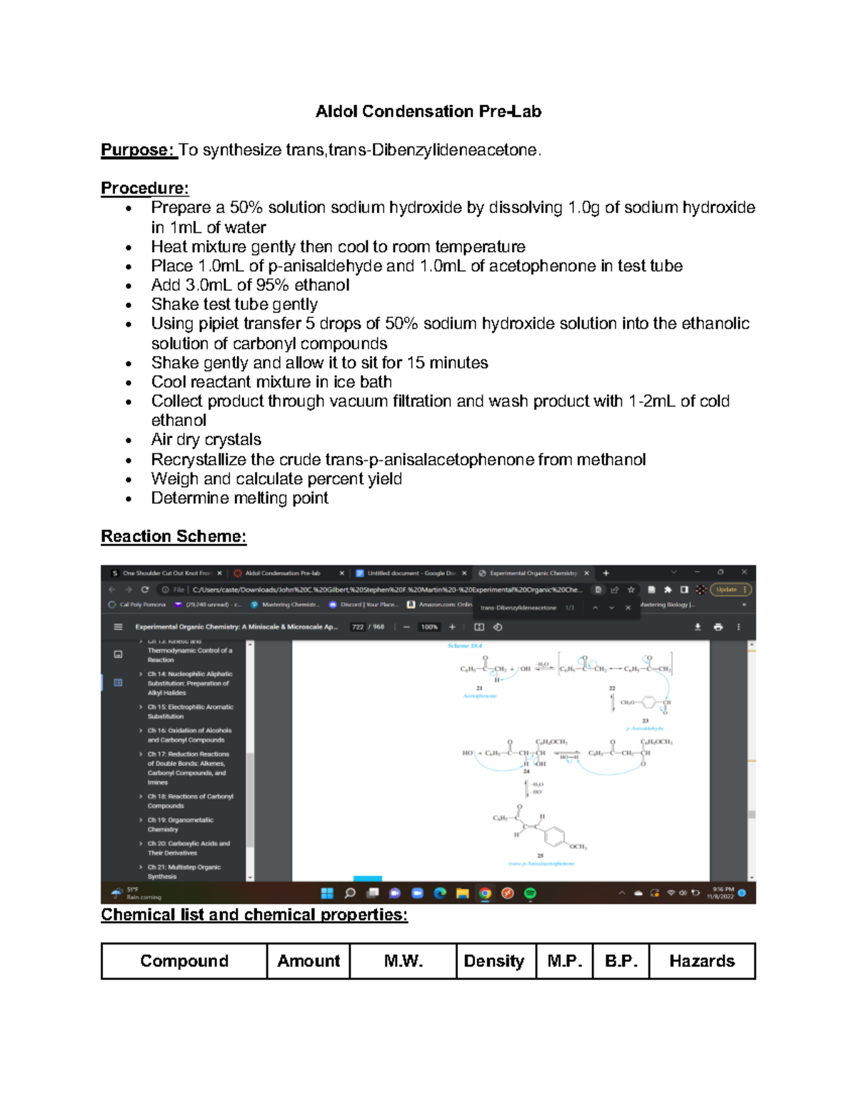 Aldol Condensation Pre-lab + Lab Report - Aldol Condensation Pre-Lab ...