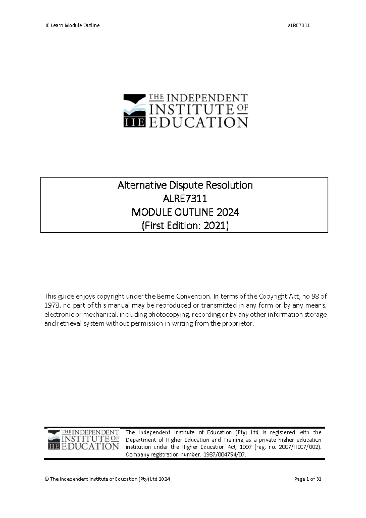 ALRE7311 MO - Alternative Dispute Resolution ALRE 7311 MODULE OUTLINE ...