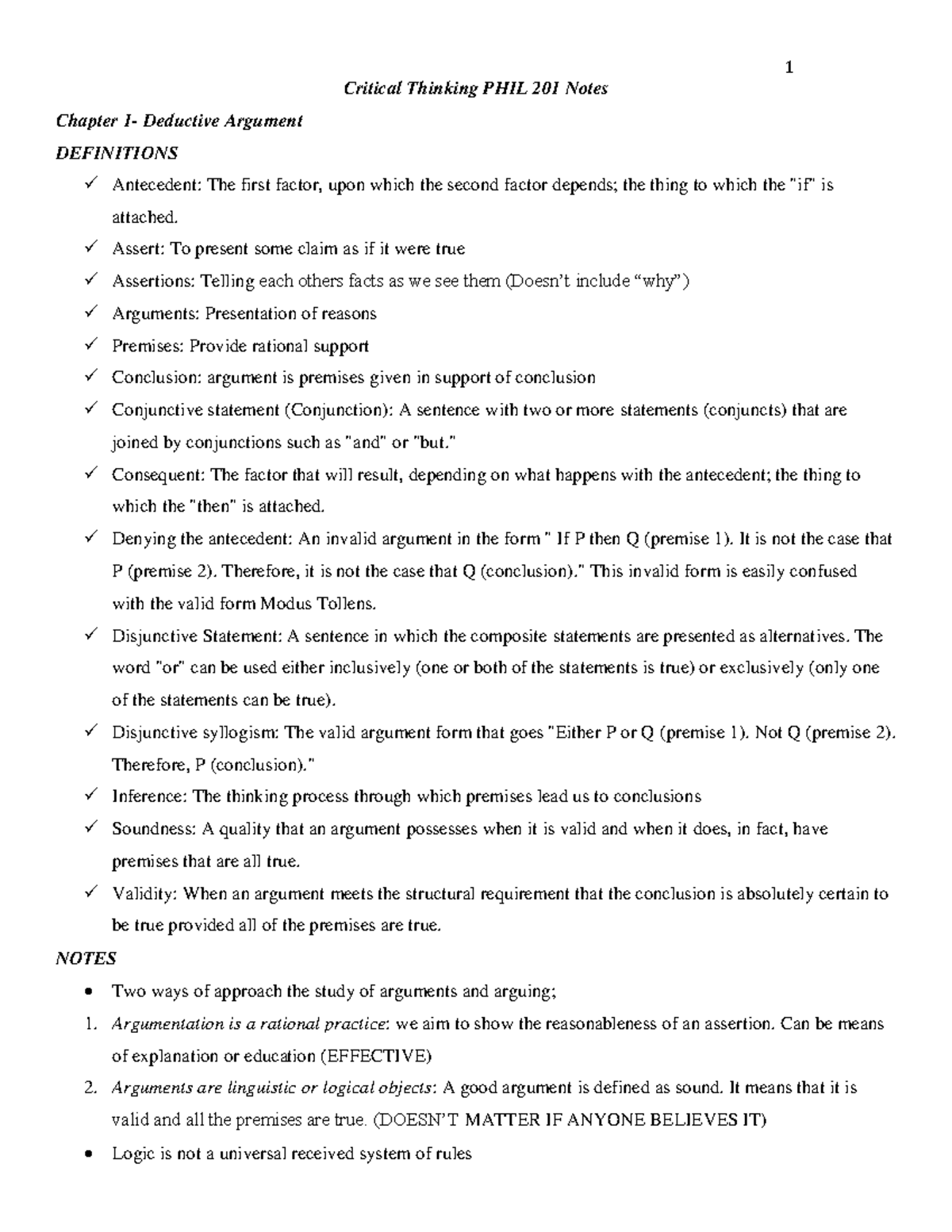 PHIL 210 Notes Notes - Critical Thinking PHIL 201 Notes Chapter 1 ...