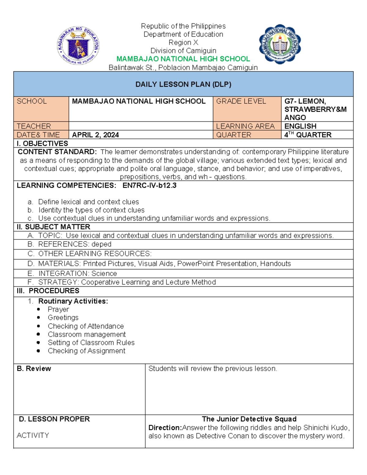 Detailed Lesson Plan - Republic of the Philippines Department of ...