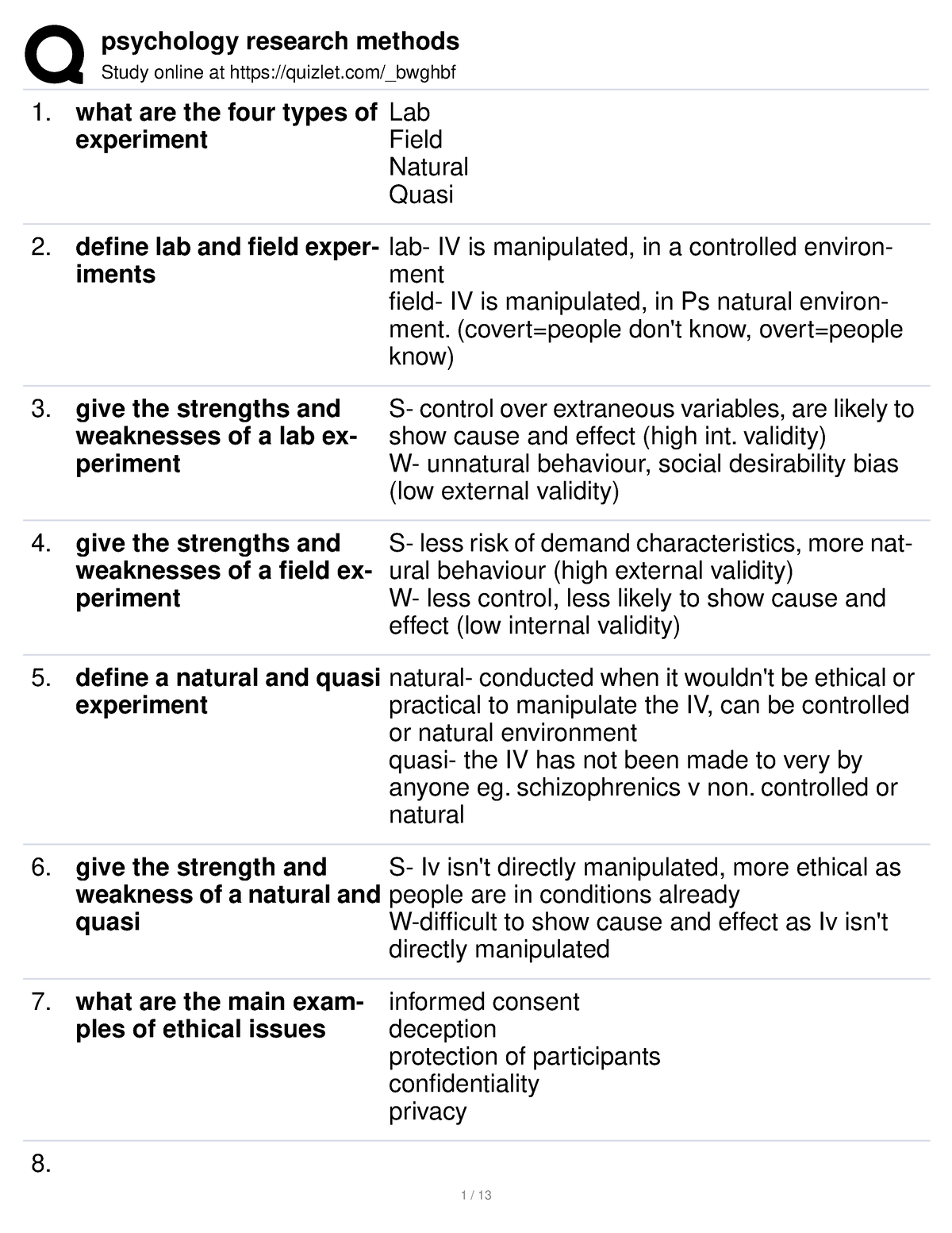 experiment psychology definition quizlet