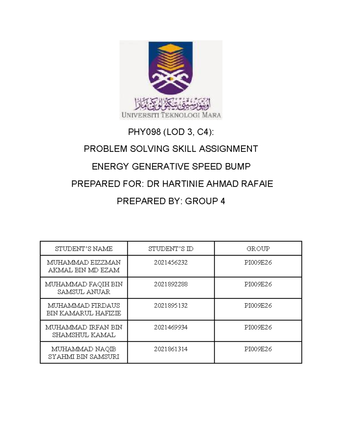 problem solving assignment phy098