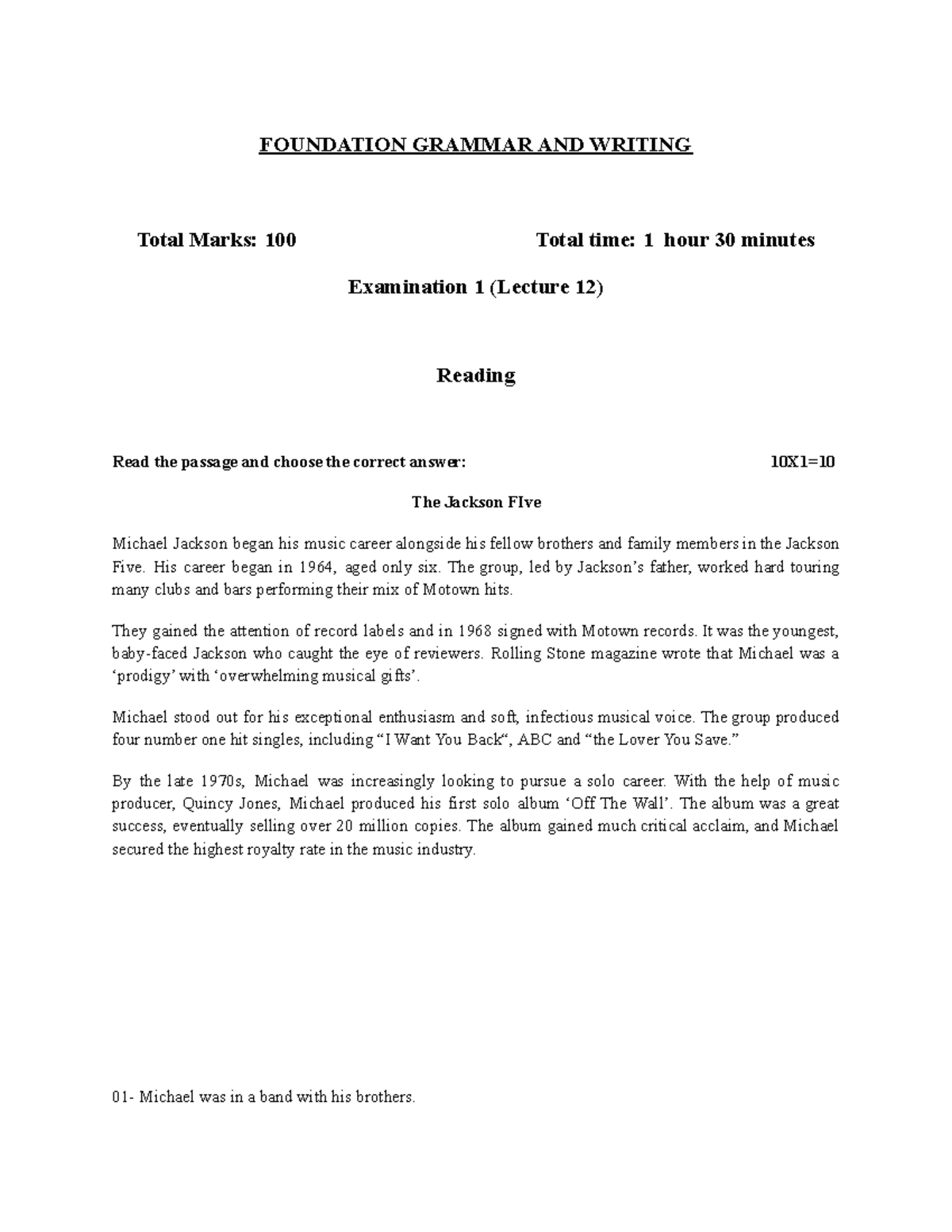 [Template] Examination 1 (Lecture 12) - FOUNDATION GRAMMAR AND WRITING ...