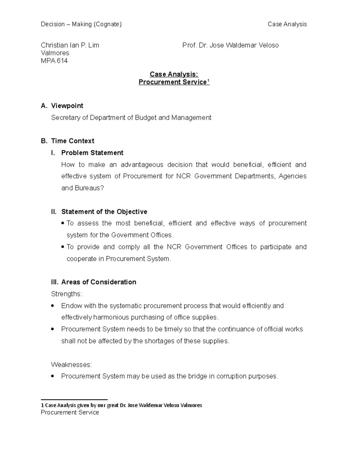Case Analysis on Procurement - Decision – Making (Cognate) Case ...