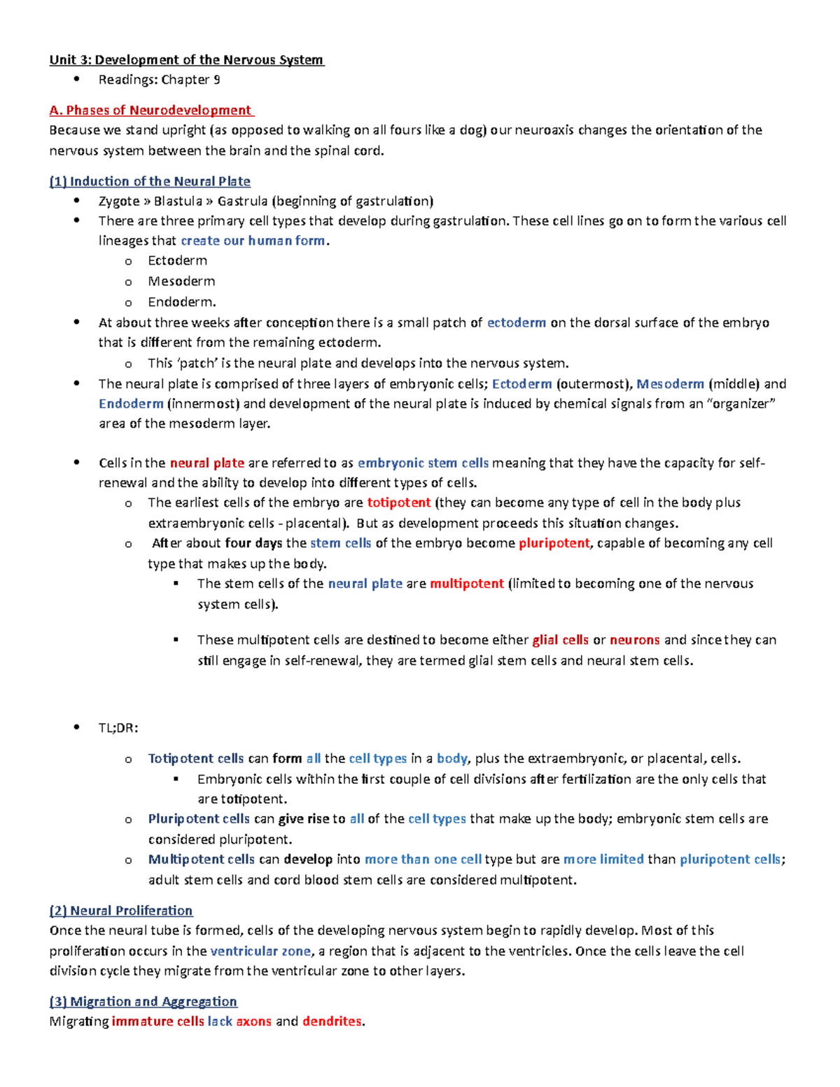 Unit 3 Summary / Chapter 3 Summary - Unit 3: Development of the Nervous ...