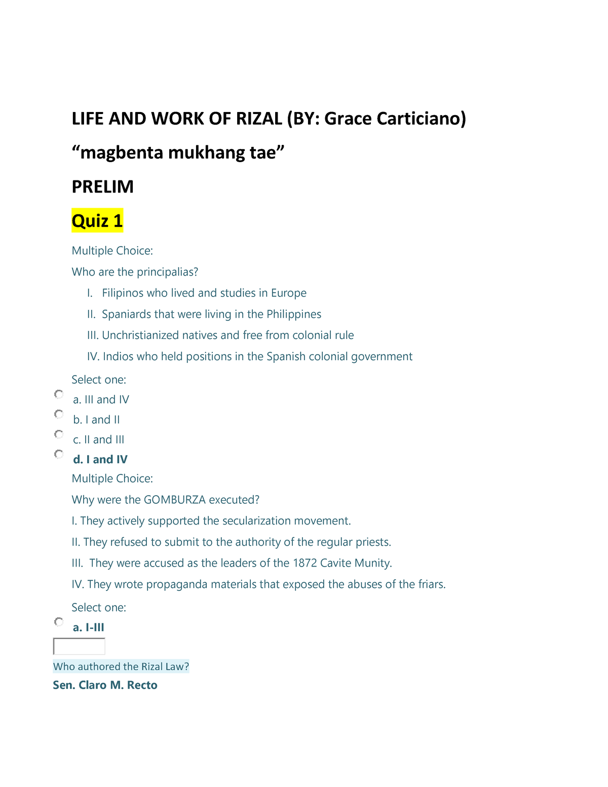 life and works of rizal essay questions