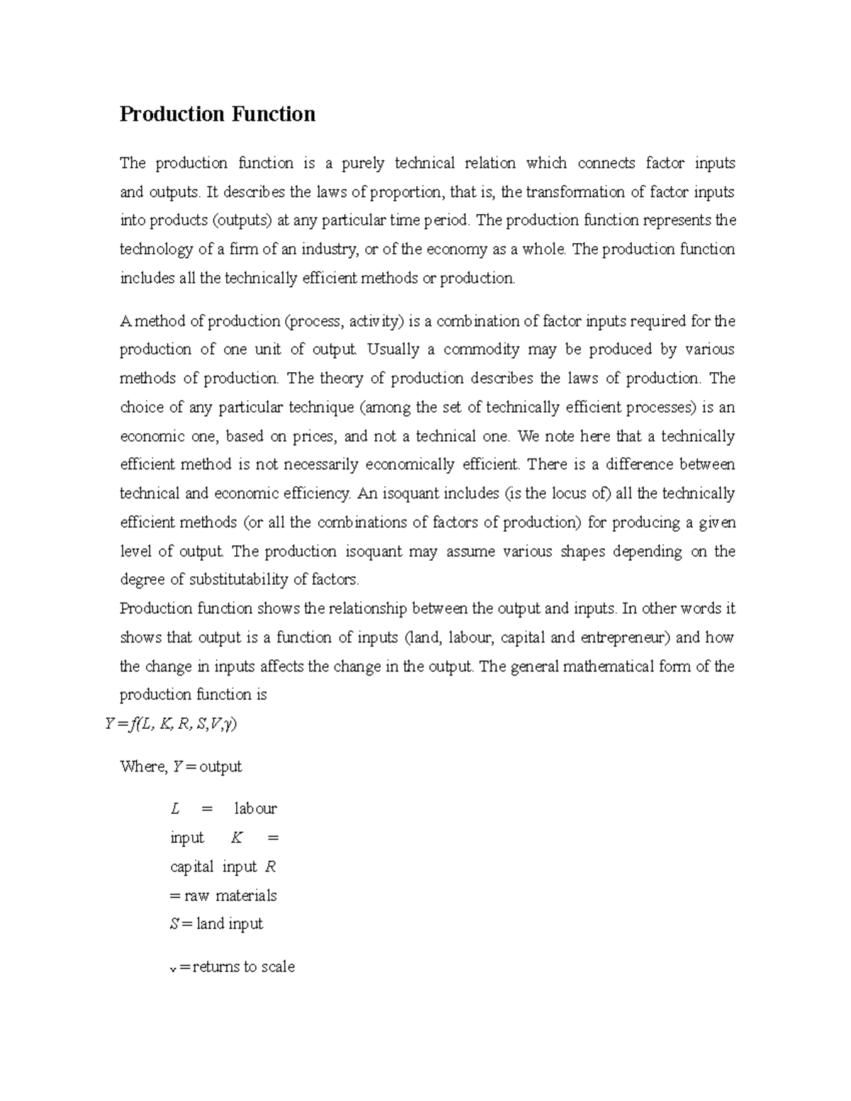 Production Function - Micro Economics I - UoK - Studocu