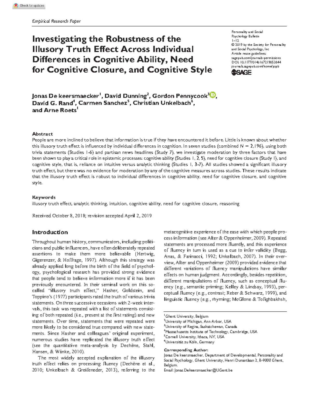 2019 +De+keersmaecker+et+al+-+PSPB Illusory truth - doi/10.1177 ...