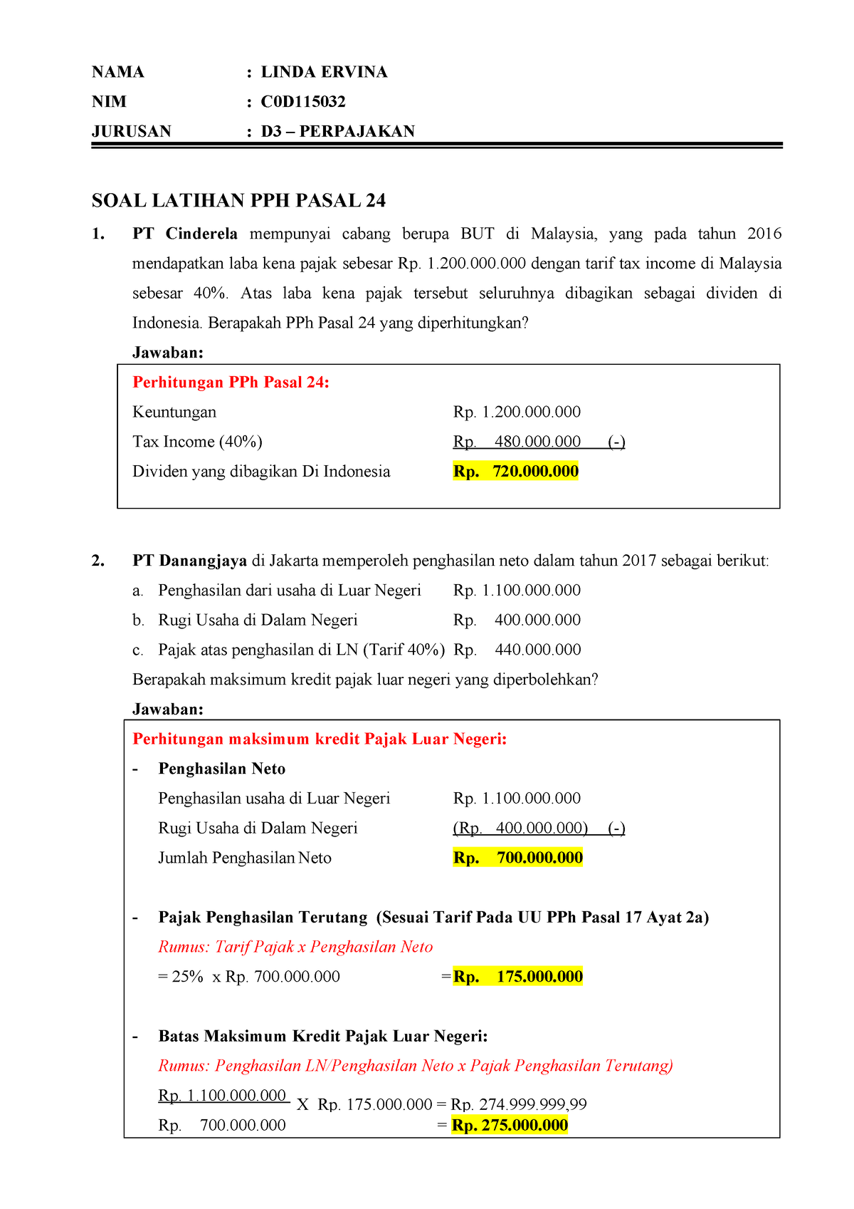 Contoh Soal Pph Pasal 24 Pph Pasal 22 Contoh Perhitungan Pph Pasal