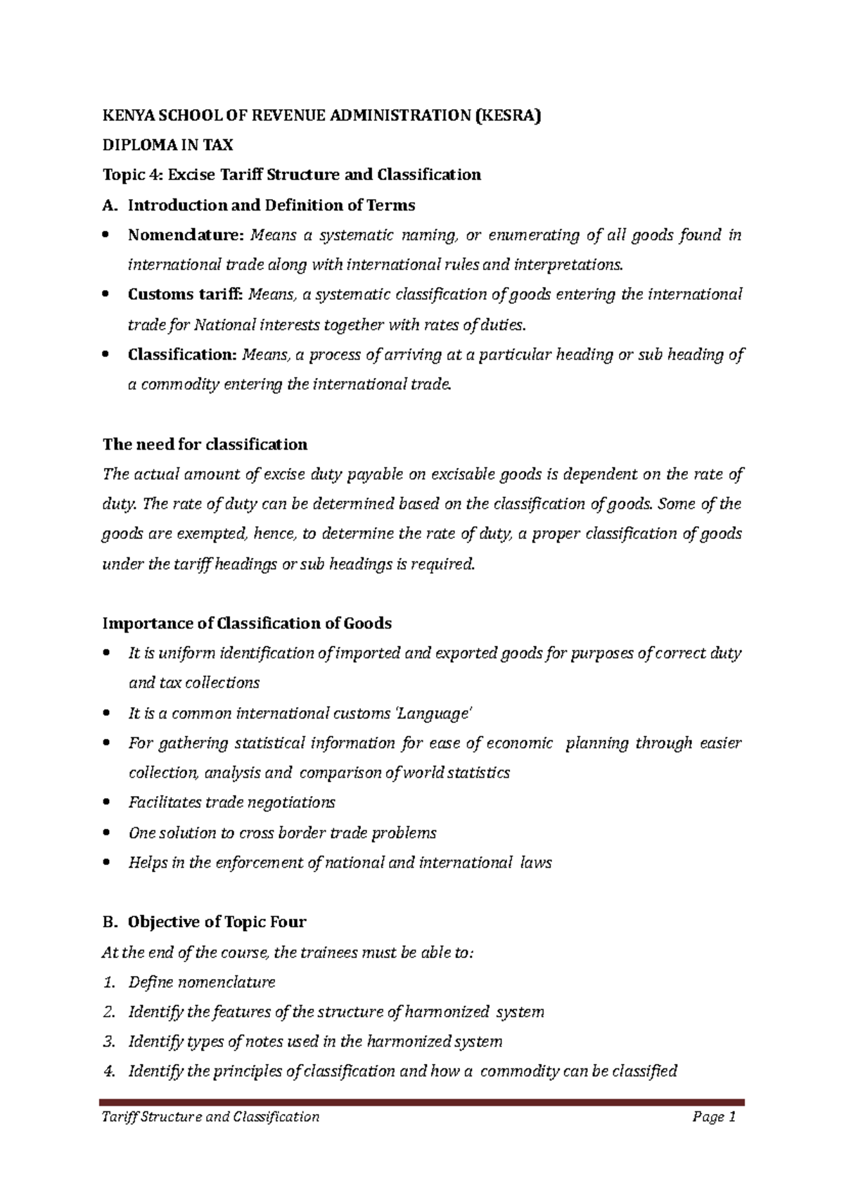 Topic 4 Excise Tariff Structure and Classification Word KENYA