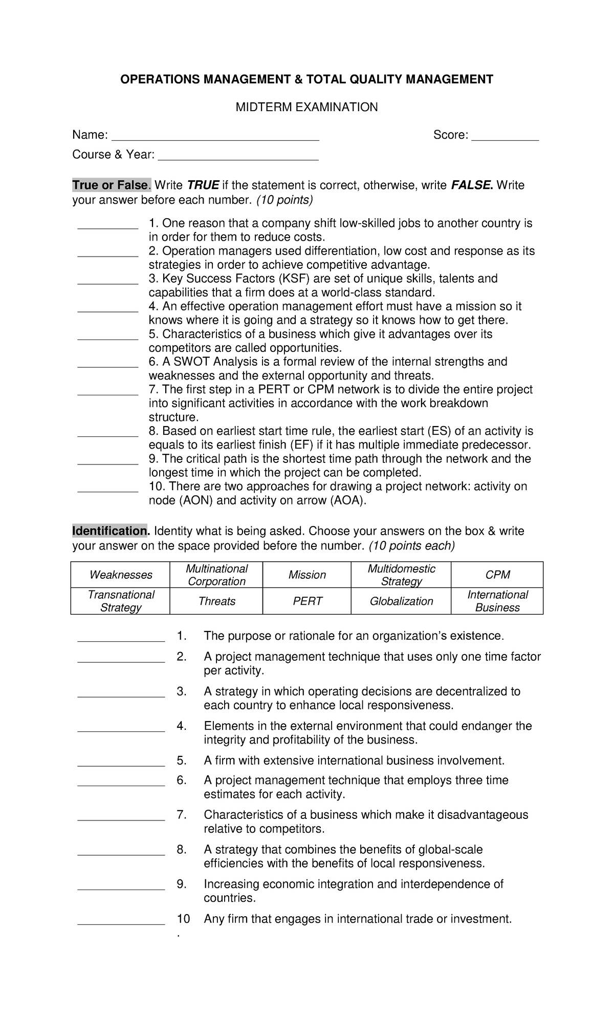 Operations Management TQM Midterm Exam - OPERATIONS MANAGEMENT & TOTAL ...