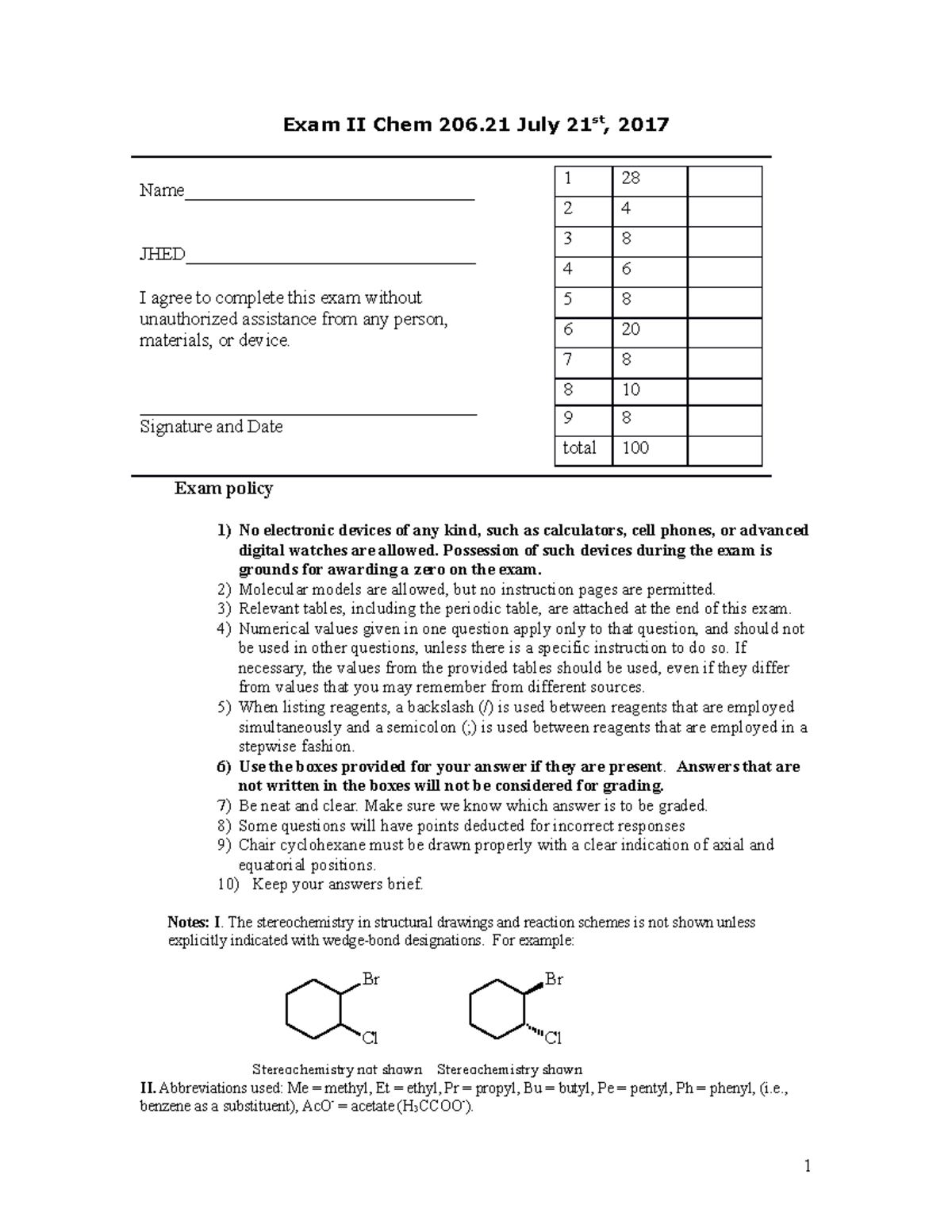 Exam II SU-II 2017 KEY - Exam - Exam II Chem 206 July 21st, 2017 Name