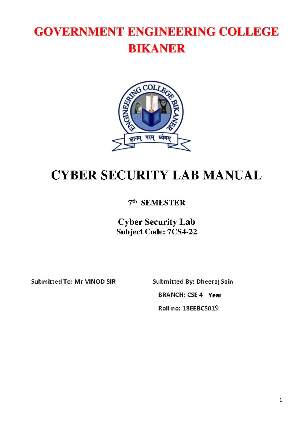 LAB FILE HH - 1 GOVERNMENT ENGINEERING COLLEGE BIKANER CYBER - Studocu