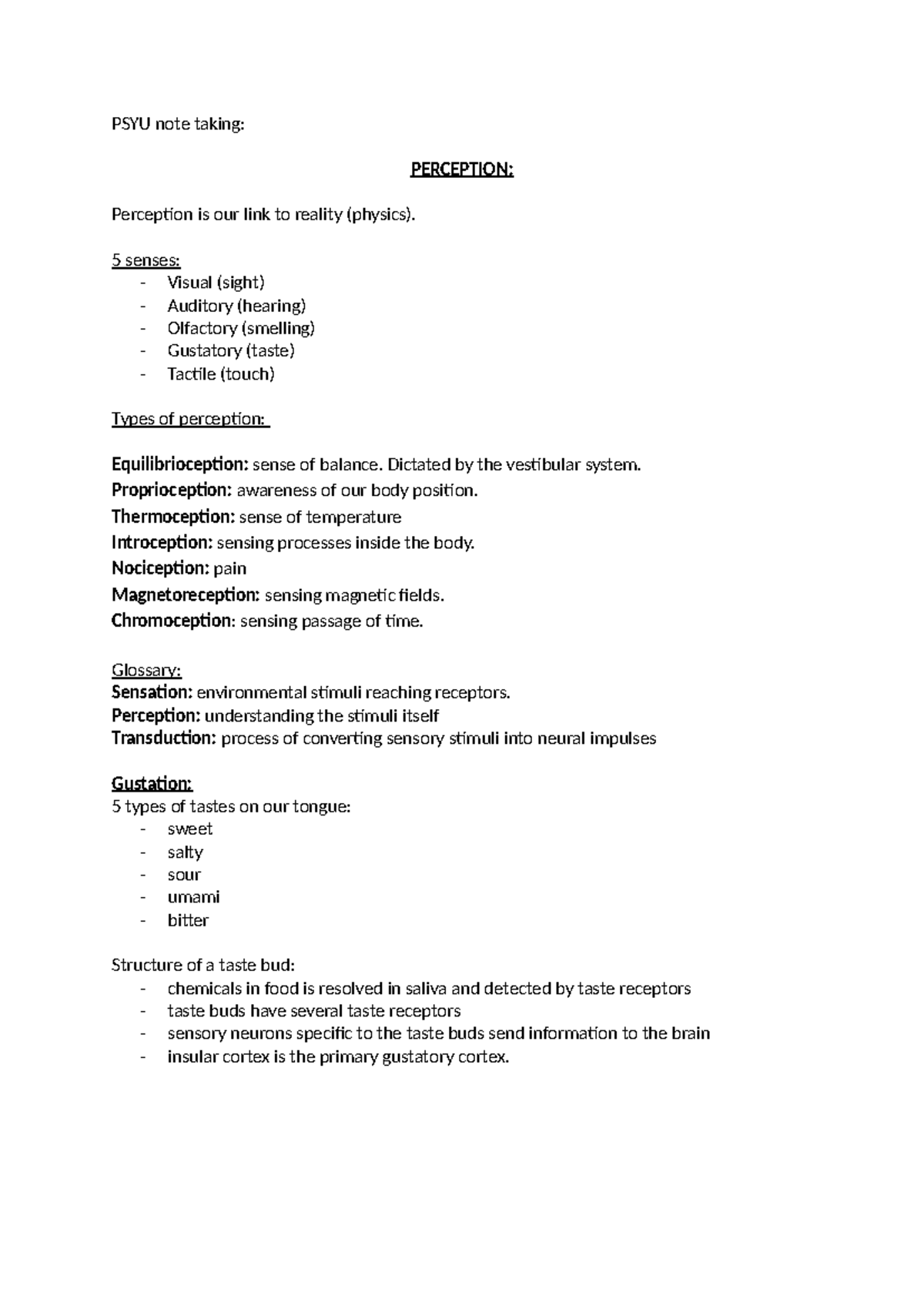 PERCEPTION notes - PSYU note taking: PERCEPTION: Perception is our link ...