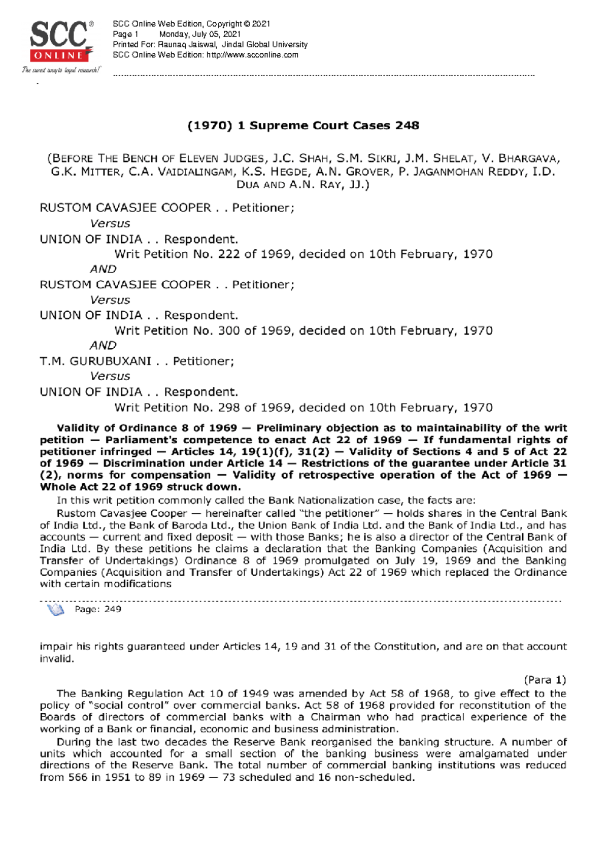 (1970) RC Cooper v. Union of India - - Studocu