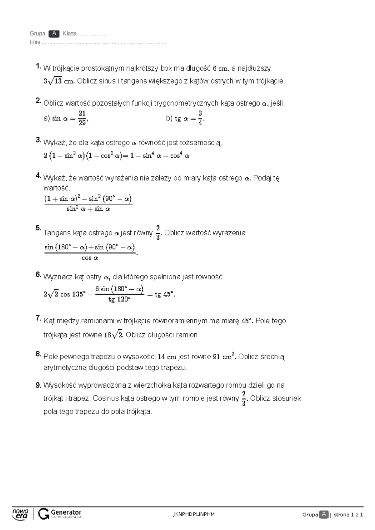 Sprawdzian Z Funkcji Kwadrstowej Grupa B www.studocu.com