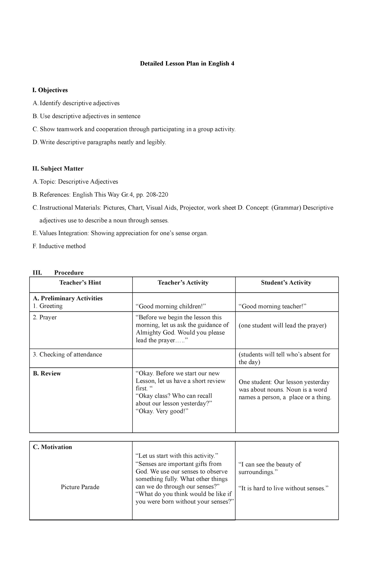 Detailed Lesson PLAN IN English Grade 4- Adjectives - Detailed Lesson ...