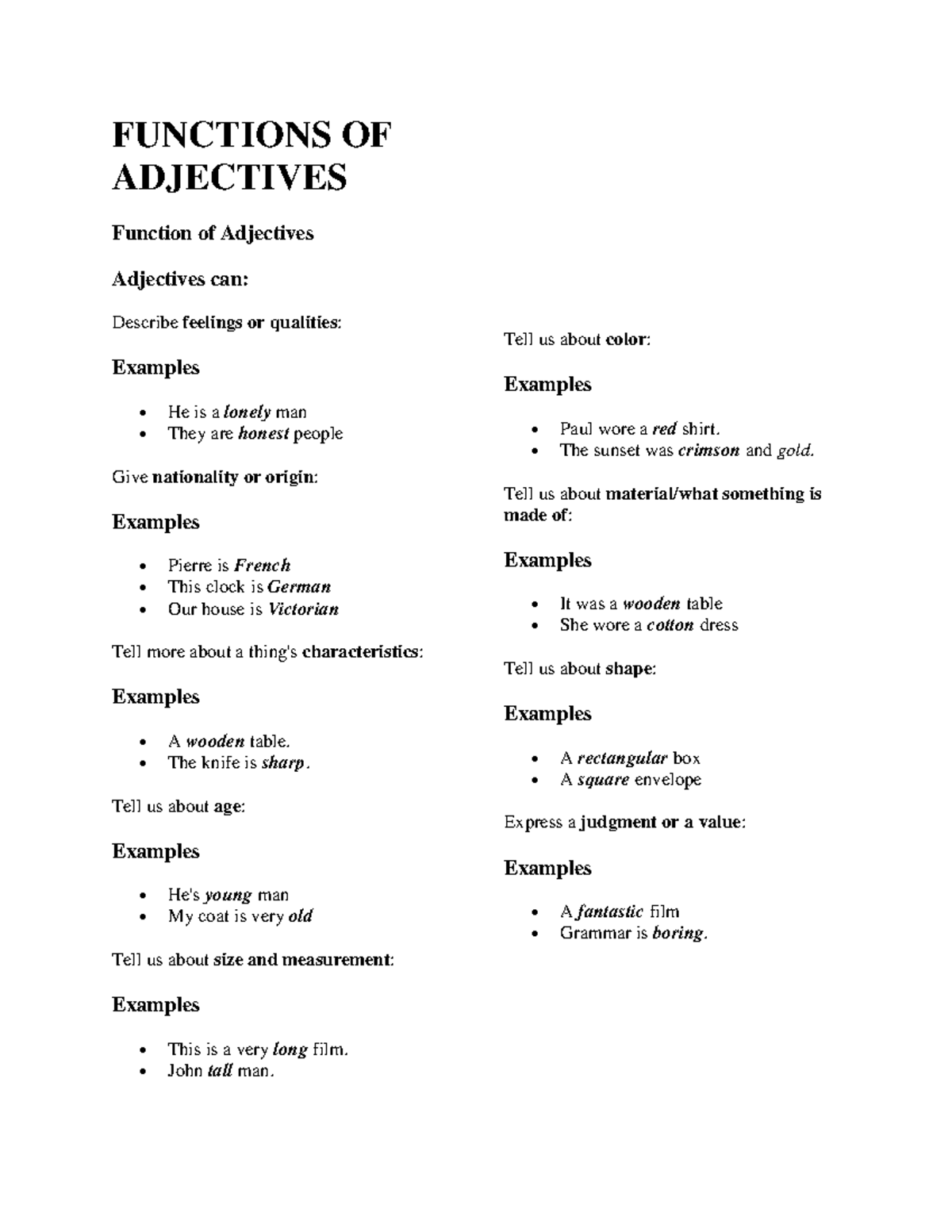 Parts of Speech 1 - FUNCTIONS OF ADJECTIVES Function of Adjectives ...