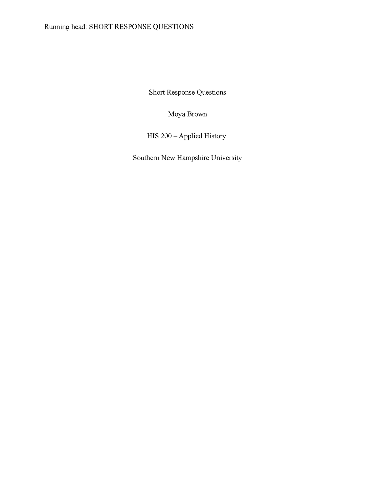 Short Responses History 200 Short Response Questions Moya Brown His 200 Applied History 4656