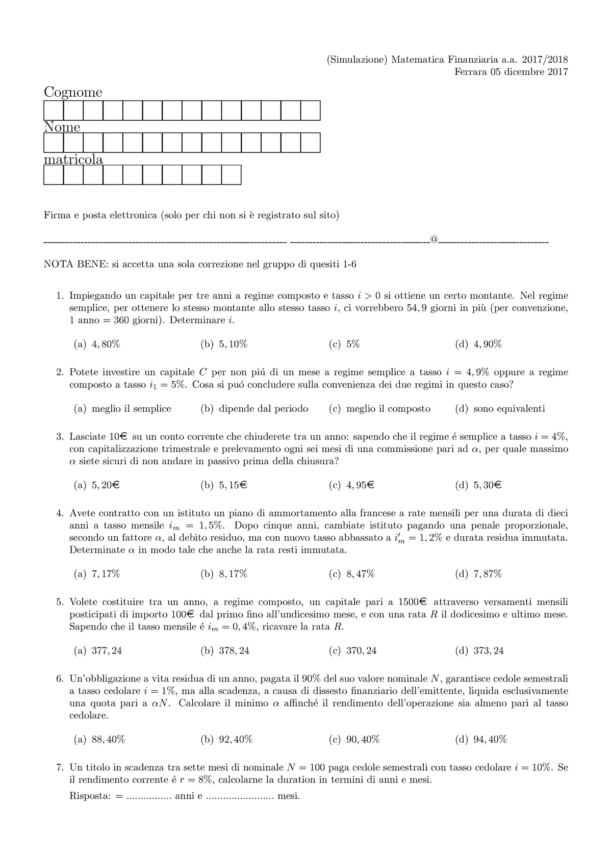 Esempio/prova d'esame 2017, domande - (Simulazione) Matematica