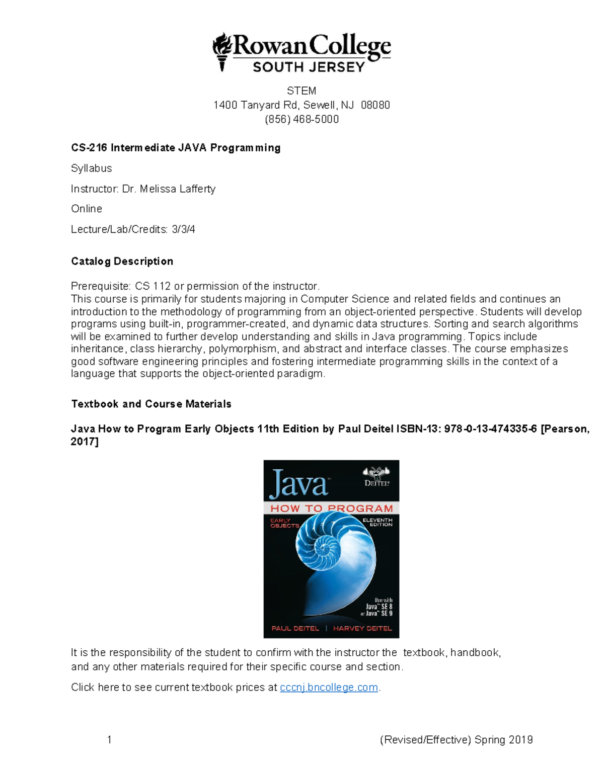 CS216-Syllabus - Computer science java syllabus - STEM 1400 Tanyard Rd ...