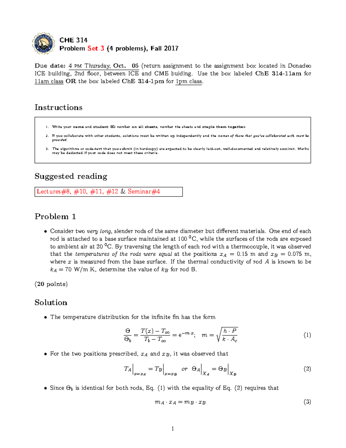 Pset3solution - assignment - CHE 314 Problem Set 3 (4 problems), Fall ...