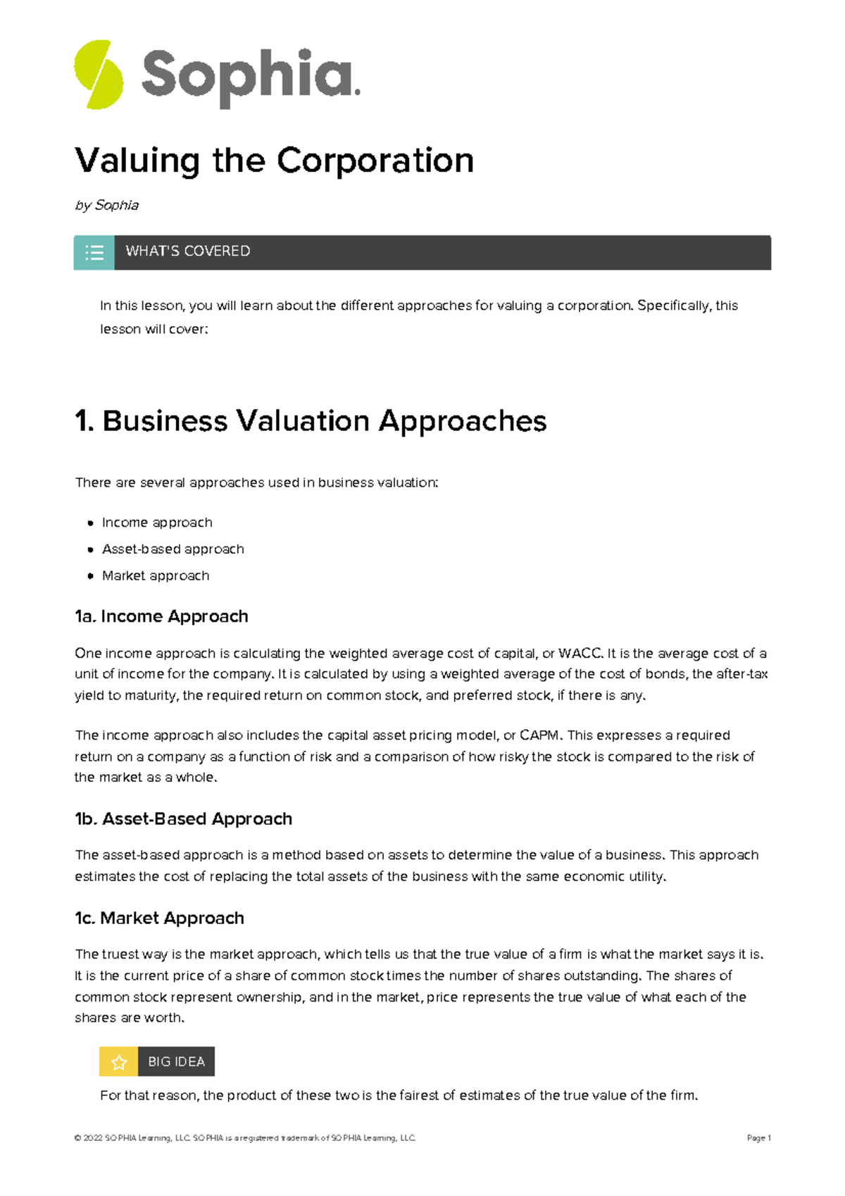 Valuing the corporation - Valuing the Corporation by Sophia In this ...
