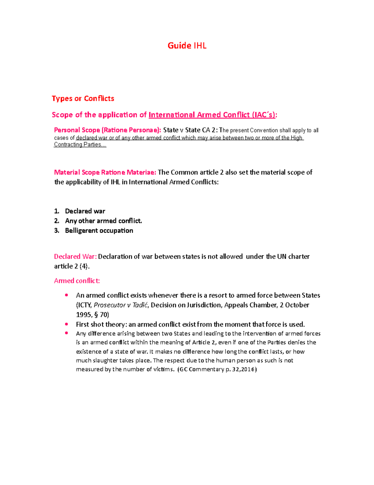 Guide IHL - All the notes - Guide IHL Types or Conflicts Scope of the ...