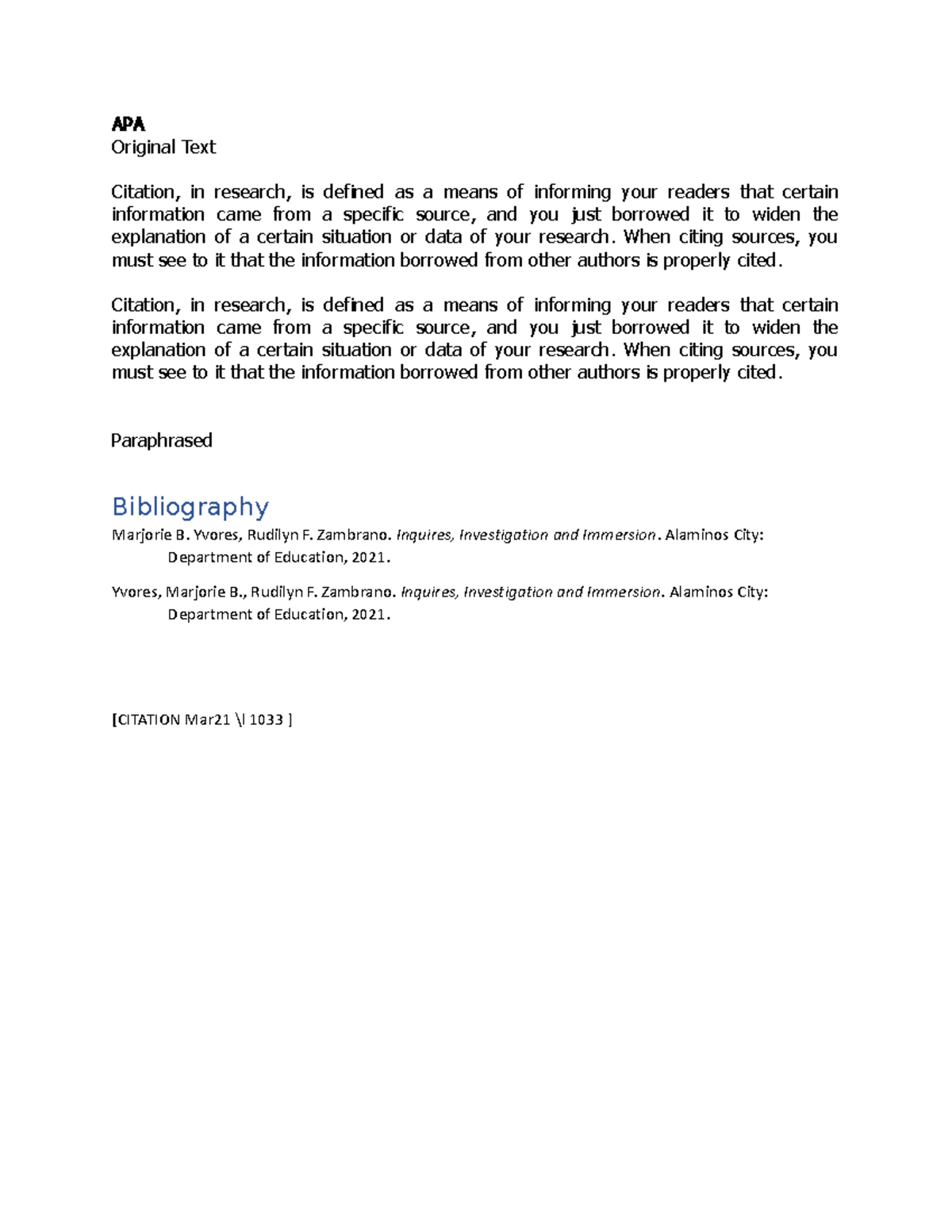 APA - citation - APA Original Text Citation, in research, is defined as ...