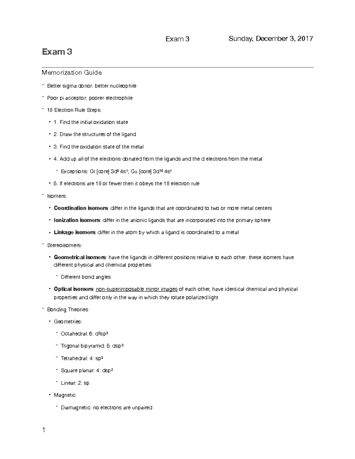 Exam 3 Memorization - Exam 3 Sunday, December 3, 2017 Exam 3 ...