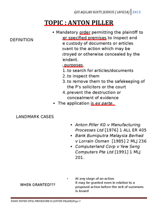 Notes Anton Piller Qiu Aqilah Binti Jernus 2015 Topic Anton Piller Definition Mandatory Order Studocu