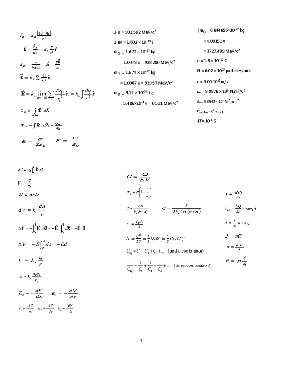 Formulae-sheet-Phys 205 -E-and-M - Midterm and Final - Moodle - 𝐹𝑒 = 𝑘𝑒 ...