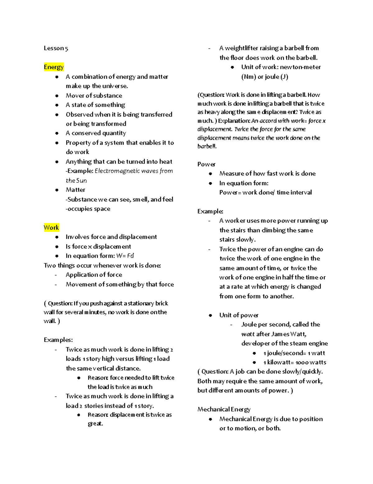 Physical chem Notes - Lesson 5 Energy A combination of energy and ...