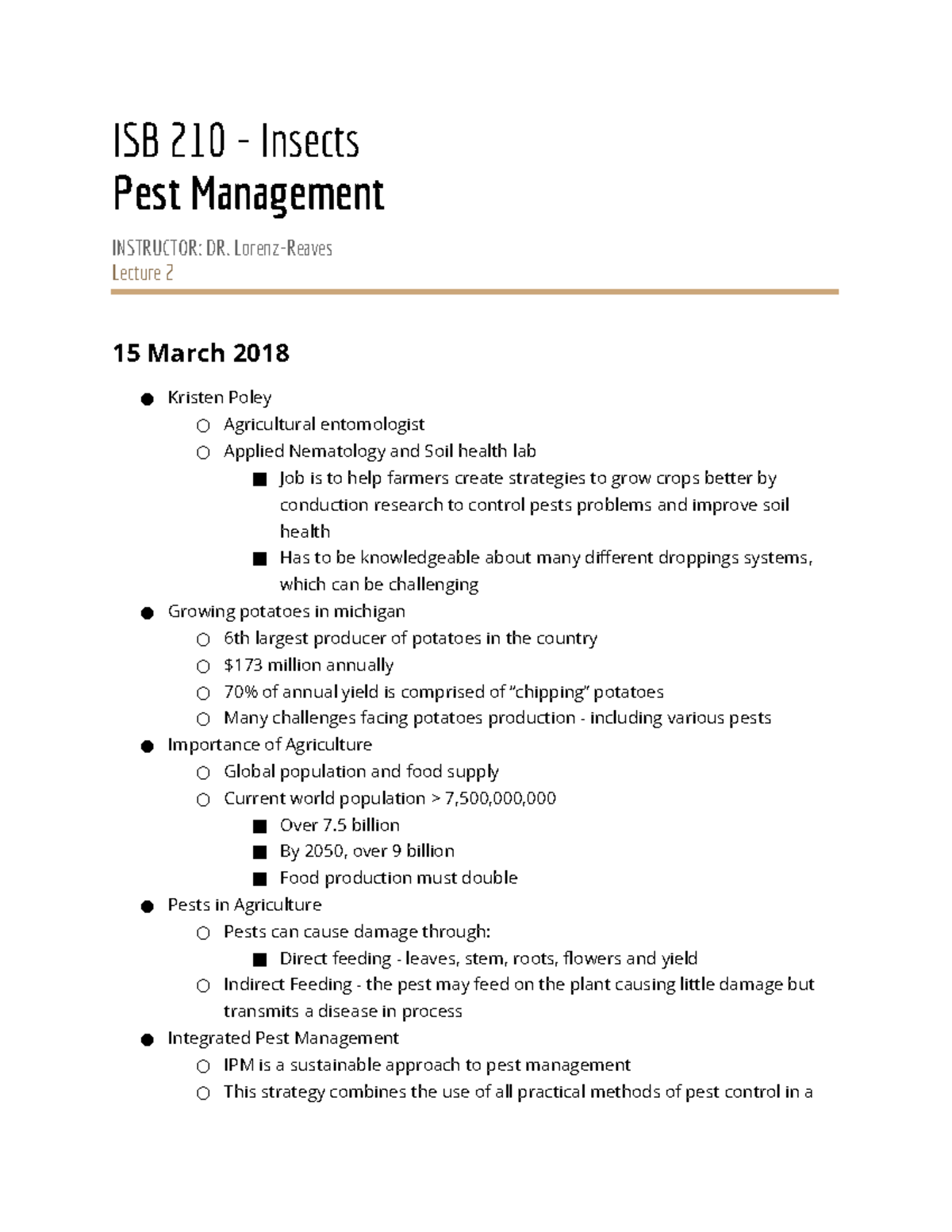 Pest Management Lecture notes 10 ISB 210 Insects Pest Management